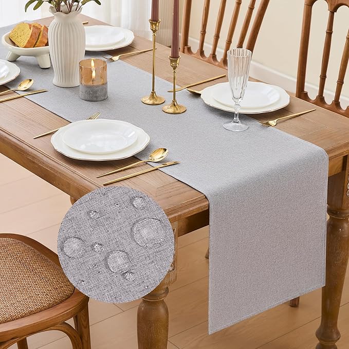 YATOJUZI Light Grey Table Runner Seasonal Summer Kitchen Dining Coffee Table Decoration 95 Inches Long Waterproof Neutral Farmhouse Rustic Table Runner Neutral Home Wedding Party Decor 16x95Inch