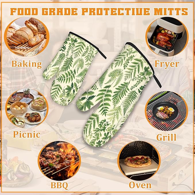 Fern Herbs Oven Mitts and Pot Holders Set,Botanical Floral Leaf Kitchen Decor Heat Resistant Non Slip Hot Pads and Oven Mitt for Chef Cooking Baking BBQ Mom Girl Gifts(4 Piece Set)