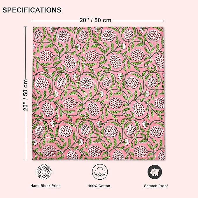 Ridhi Strawberry Pink Hand Block Print 100% Cotton Napkins 18" x 18" (Set of 4) Reuseable Kitchen Napkins Cloth Decor Dinner Party Wedding Cocktail Gift for Spring, Easter, Valentine