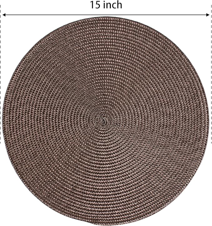 FunWheat Round Braided Placemats Set of 8 Place Mats for Dining Table Woven Washable Non-Slip Table Mats 15 Inch(Brown,8pcs)