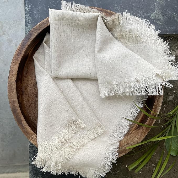 Bedding Craft Linen Cloth Dinner Napkins Set of 12 – 18x18 Natural with Fringed Corners – Machine Washable Fabric Napkins for Weddings, Baby Showers, Parties & Dining