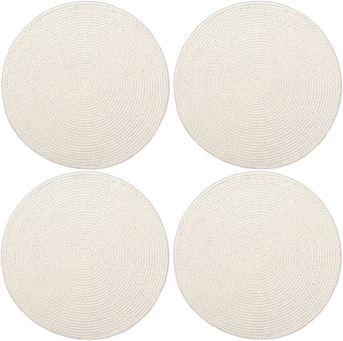 Encasa XO Dining Placemats Set of 4 | Cotton Round Table Mat - 13 in Diameter | Off White | Handmade Rib Style Chargers for Dinner Plates