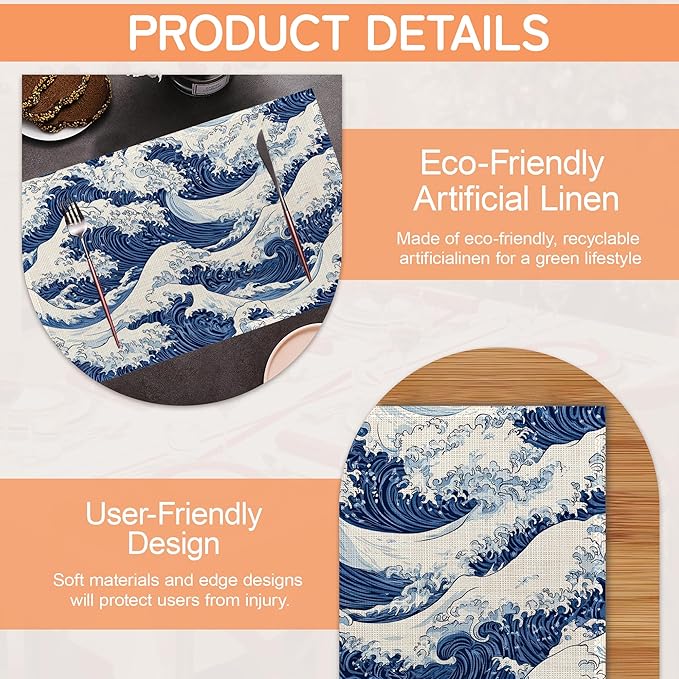 Ocean Wave Placemat Set of 6,Japanese Heat Resistant Linen Table Mats for Indoor Outdoor Home Kitchen Dining Room Table 12x18Inch