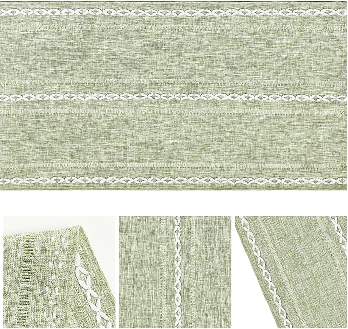 Artoid Mode Sage Green Rustic Cotton Linen Table Runner, Seasonal Embroidered Hollow Kitchen Dining Table Decoration for Home Party Decor 13x60 Inch