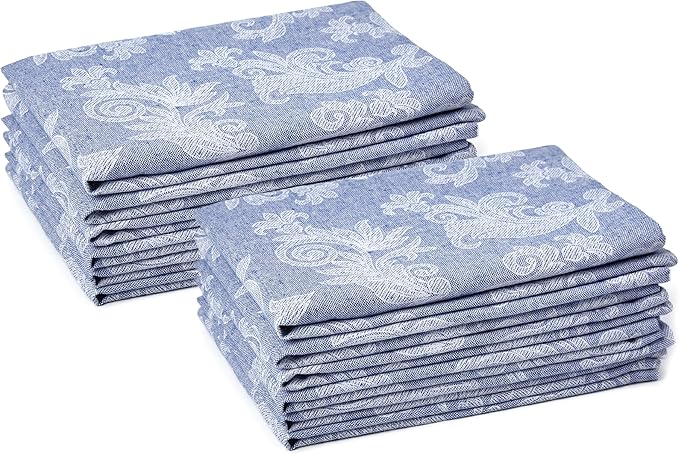 Encasa XO Blue Cloth Napkins Set of 12, 18x18 in | Floral Jacquard Homespun Cotton Dinner Napkins | Washable & Reusable Wedding Napkins for Holiday Dining, Parties, & Everyday Table Décor