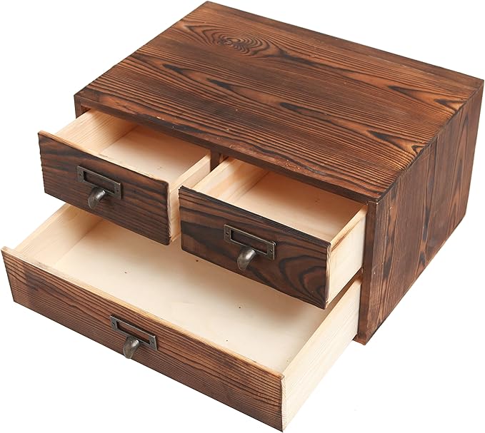 MyGift Wooden Desk Organizer with Drawers, Dark Brown Wood Desktop Storage Cabinet with 3 Drawers for Office Supplies, Sewing Kits and Accessories