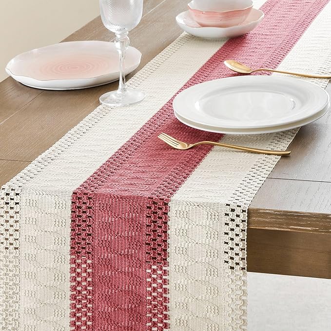 ZeeMart Macrame Style Bicolor Stitching Table Runner, 14 x 72 Inch Dusty Rose/Ivory, Boho Pink Table Runners 72 Inches Long, Farmhouse Woven Home Decor