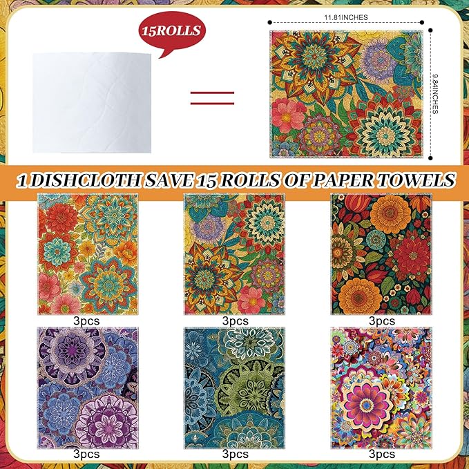 Redbaker 36 Pcs Reusable Paper Towels Rolls Towels Bulk Kitchen Washable Paperless Cloth Cotton Hand Napkins with Cardboard Reusable Napkins for Kitchen Bathroom (Boho Floral Style)