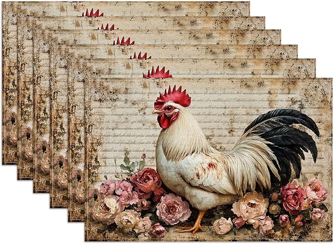 Vintage Rooster Floral Placemats Set of 6, Farmhouse Chicken Linen Place Mat Washable Stain Resistant Table Mats for Seasonal Kitchen Dining 12x18 Inch