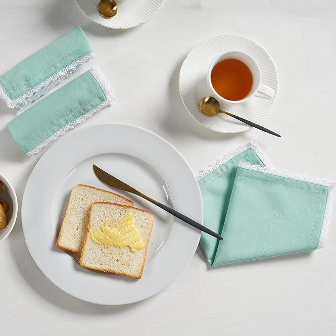 Fingercraft Dinner Cloth Napkin Cotton Linen Blend 12 Pack Mitered Corners with Elegant Lace for Everyday Use Napkins are Pre Shrunk and Good Absorbency (Aqua, 12in x 12in) Easter Color
