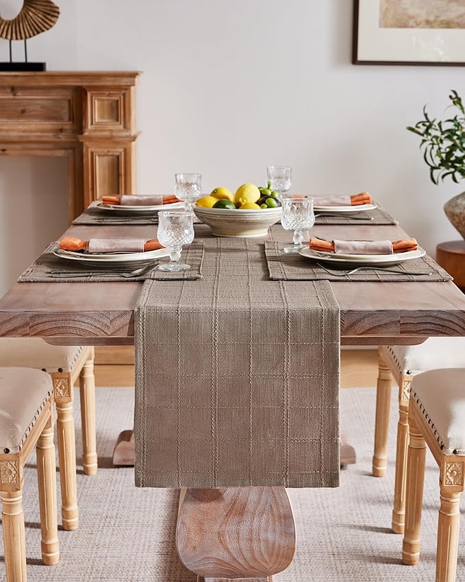 ZeeMart Linen Checked Placemats Set of 4, Plaid Embroidery Textured Table Mats, Double Layer Thick Farmhouse Rustic Place Mats for Kitchen Dining Table Home Decor, Cocoa Brown 13x19 Inch