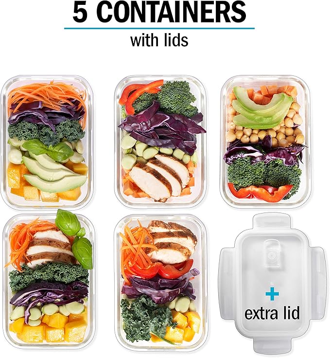 Igluu Meal Prep Glass Containers with Air Vent Lids (5 Pack+Extra Lid) – Airtight & BPA-Free – Oven, Microwave, Freezer and Dishwasher Safe – 28oz – Durable Borosilicate Glass