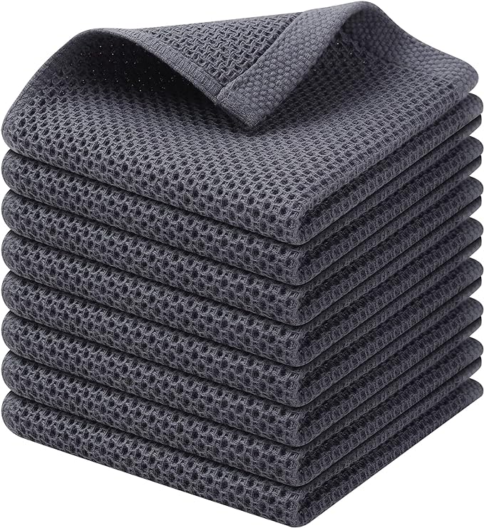 Kitinjoy 100% Cotton Kitchen Dish Cloths (12 X 12 Inches, Dark Grey), 8 Pack Waffle Weave Ultra Soft Absorbent Dish Towels for Drying Dishes Quick Drying Kitchen Towels Dish Rags