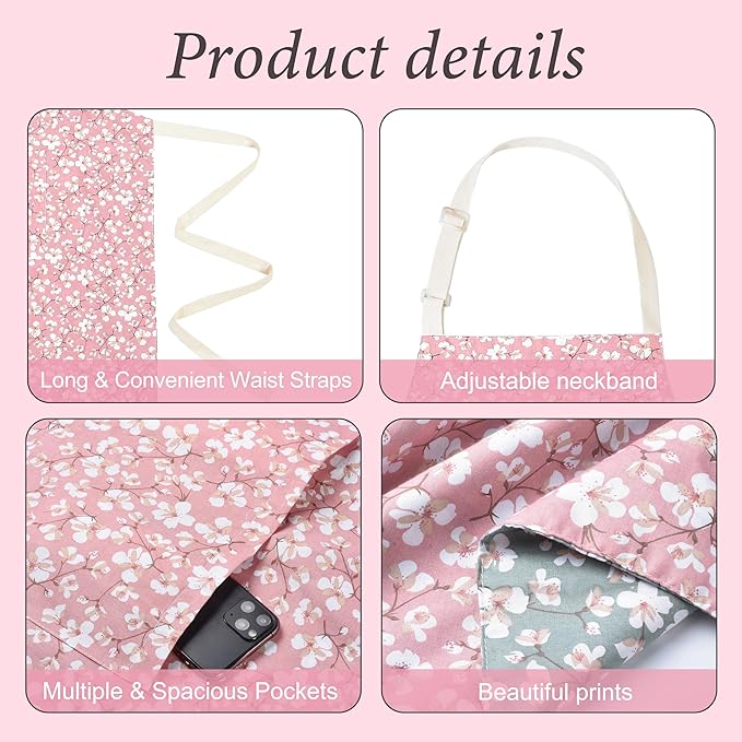 Aoomzoon Kitchen Aprons for Women with 2 Pockets,Double Sided Vintage Adjustable Apron for Gardening Cooking Arting Painting