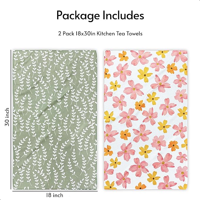 Eulnars Kitchen Towels, 18" x 30" Tea Towels for Kitchen, Premium Microfiber Dish Towels for Kitchen Drying, Blush Garden Series, 2-Pack