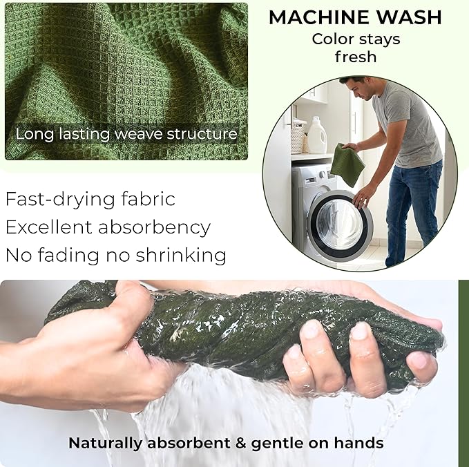 Highly Absorbent Cotton Dish Towels for Drying - Set of 6 Sage Green Kitchen Towels - 18"X28" Lint Free Waffle Weave Cloth Linen Hand Bathroom Bulk Dishtowels