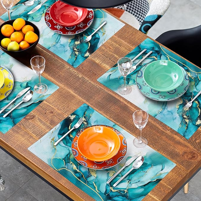 Giwawa Teal Marble Placemats Set of 4- Turquoise Blue Gold Marbling Linen Place Mat 12x18 Inch- Modern Stone Print Washable Heat Resistant Table Mats for Kitchen Dining Indoor Outdoor Decor