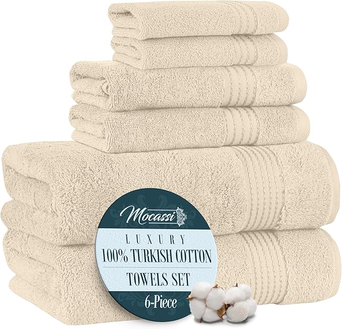 Mocassi Luxury 100% Turkish Cotton 6-Piece Towel Set - Ultra Soft, Quick Dry Highly Absorbent Premium Spa Hotel Quality Bath Towels, Includes 2 Bath Towels, 2 Hand Towels and 2 Washcloths, Ivory