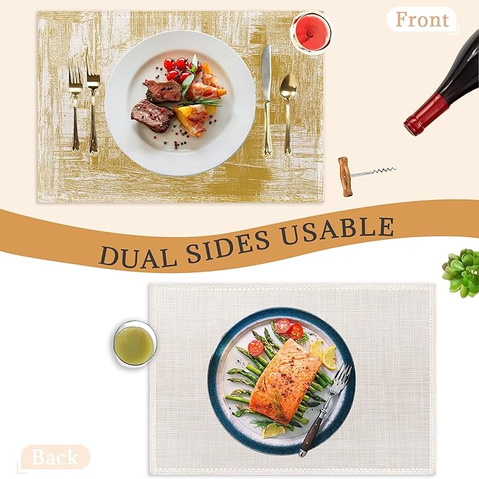 Yellow Beige Placemats Set of 6,Washable Heat Resistant 12×18 Inch Linen Table Mats Modern Place Mats for Party Outdoor Dining Décor