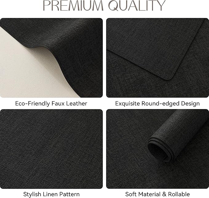 Romanstile Vinyl Placemats Set of 8-12 X 17 Inch - Faux Leather 100% Waterproof Oil-Proof Wipeable Place Mats, Heat Resistant Reversible PU Table Mats for Kitchen Dining Party Outdoor, Black
