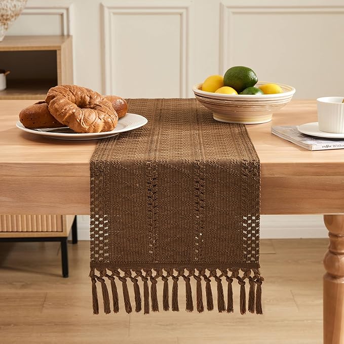 ZeeMart Macrame Style Boho Table Runner, Brown Table Runners 90 Inches Long, Farmhouse Woven Home Decor, 12x90 Inch, Caramel