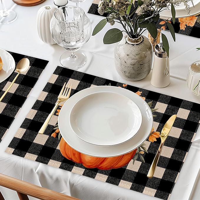 Plaid Pumpkin Placemats Set of 6,Flower Dinner Table Mats Non-Slip Washable Mats for Kitchen Dinner Party Tablemat 12x18Inch