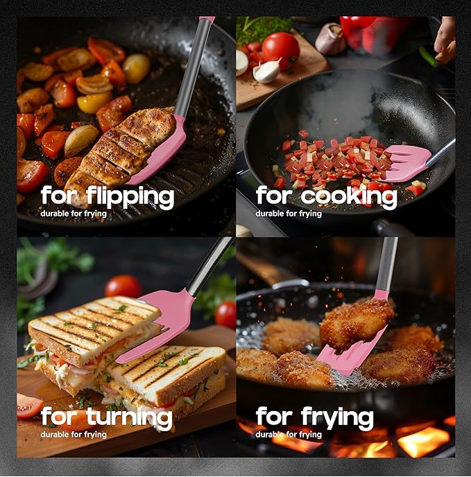 BakeRoyal Silicone Spatula Set - Turner Spatulas Silicone Heat Resistant 600°F - Slotted & Solid Spatula for Cooking Fish, Eggs, Pancakes Flipper – Spatulas for kitchen use – Pink
