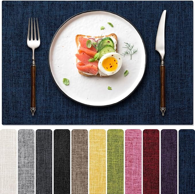 Blue Forest Placemats Set of 8, Dual-Layered Thickened Faux Linen Cloth Place Mats Heat Resistant Machine Washable Wrinkle Free Table Mats Indoor/Outdoor (Navy Blue)