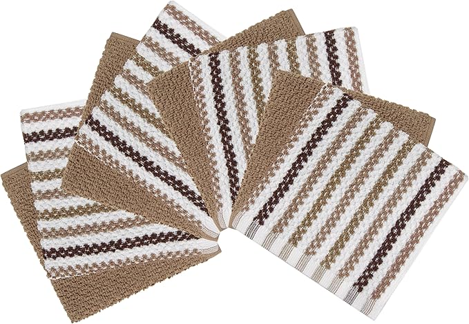 Bumble Towels Premium Dish Cloths 12"x12" | 100% Natural Ring Spun Cotton Tea Towel Set | 430 GSM | Highly Absorbent & Soft Kitchen Towels | 8 Pack - 4 Popcorn Wide Striped & 4 Solid Tan
