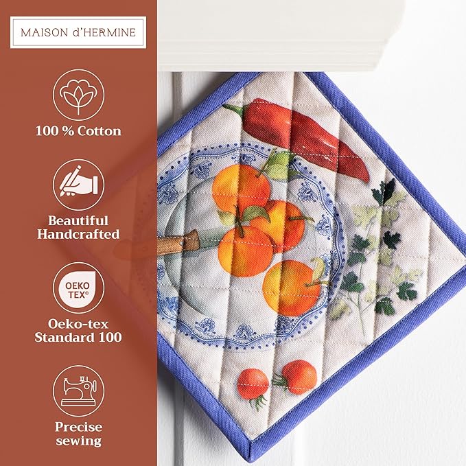 Maison d' Hermine Pot Holders 100% Cotton Heat Resistant Potholders 8" x 8" Hot Pads with Loop BBQ Cooking Baking Gifts for Mothers Day Handling Hot Pans Spring/Summer (Pack of 1, Gourmand)