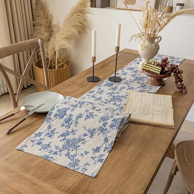 Pastoral Table Runner - 14 x 60 Inch Rectangle - Washable Tabletop with Dust-Proof Wrinkle Resistant for Restaurant, Picnic, Indoor and Outdoor Dining, Floral (Dark Blue)