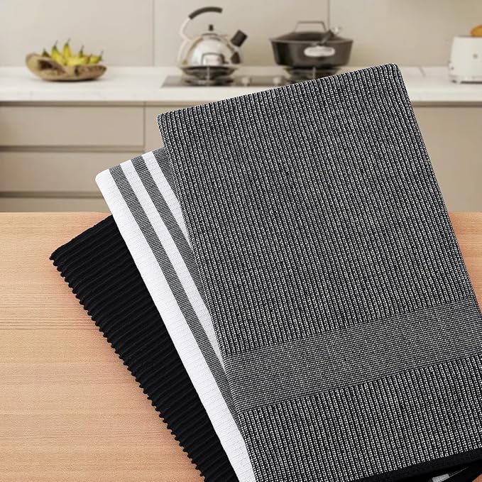 Homaxy Premium Kitchen Towels(18”x 28”, 9 Pack), Large Cotton 380 GSM Kitchen Hand Towels, Soft and Absorbent Terry Dish Towels, Multipurpose Tea Towel Set with Hanging Loop, Black