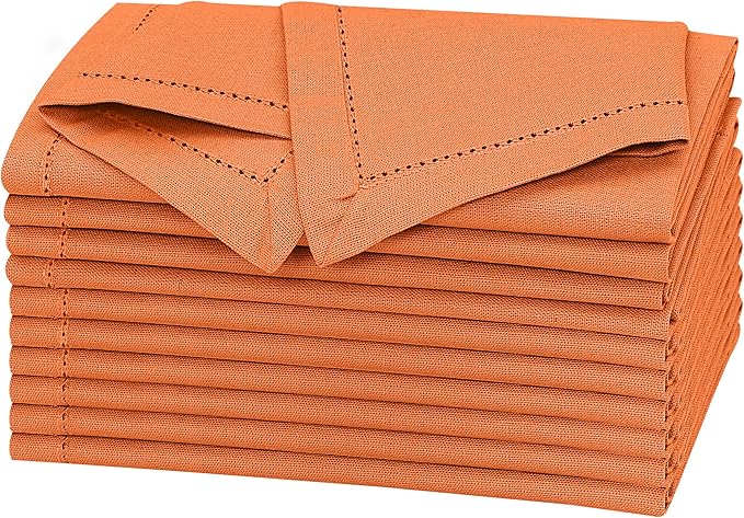 Ruvanti Premium Linen Napkins Set of 12-20x20 Inch, Classic Hemstitch, Mitered Corner Cloth Napkins - Soft, Elegant Dinner Napkins Cloth Washable for Weddings, Parties, Everyday Use - Fall/Orange