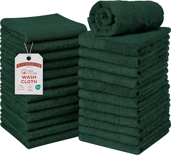 RIVERSIDE Pack of 24 Wash Cloths for Showering, 12 x 12 Inches, Super Soft & Absorbent, 100% Cotton Washcloths Premium Quality Flannel Face Cloths for Bathroom, Gym, Spa (Forest Green, 24 Pack)