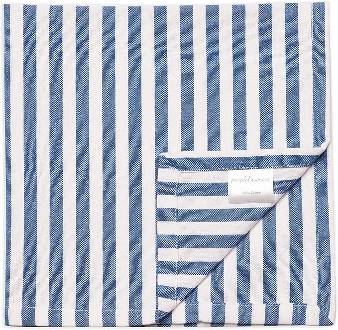 PurpleEssences Plain Striped Cloth Napkins - Set of 12-100% Cotton - 18 x 18 Inch - Spring Easter Summer and Perfect Everyday Use Dinner Napkin - Blue and White