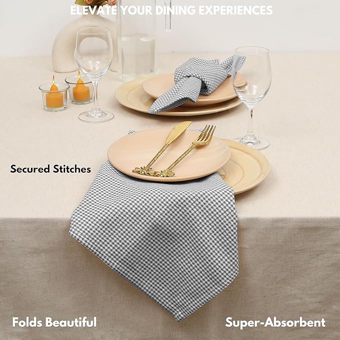 Cloth Napkin 100% Cotton 18"x18" Decorative Washable Table Houndstooth Check Napkins Set of 4 for Dining, Holidays, Buffet Parties & Wedding Use - Grey