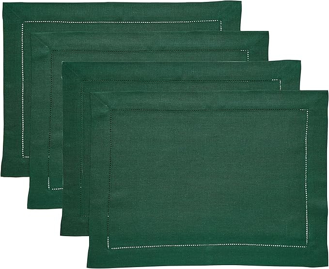 Solino Home Linen Placemats Set of 4 - Classic Hemstitch Rainforest Green Placemats 14 x 19 Inch - 100% Pure Linen Table Mats