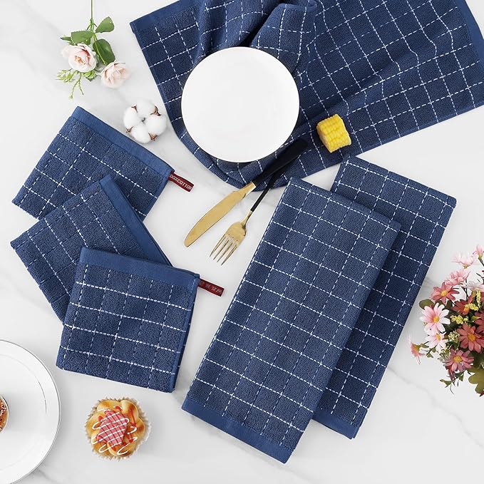 Homaxy Kitchen Towels and Dishcloths Set, 12 x 12 and 13 x 28 Inches, Set of 10 Bulk Cotton Terry Kitchen Towels Set, Checkered Designed, Soft and Super Absorbent Dish Towels, Navy Blue