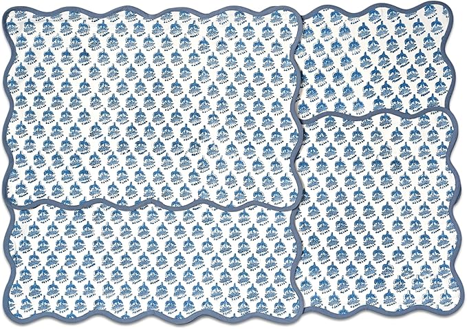 CPC Cotton Placemats Apatite Blue Set of 4-Hand Block Printed Reversible Placemats, Flower Scalloped & Embroidered Cloth Table Mats - 14 x 20 inch Gift for Spring, Mother's Day