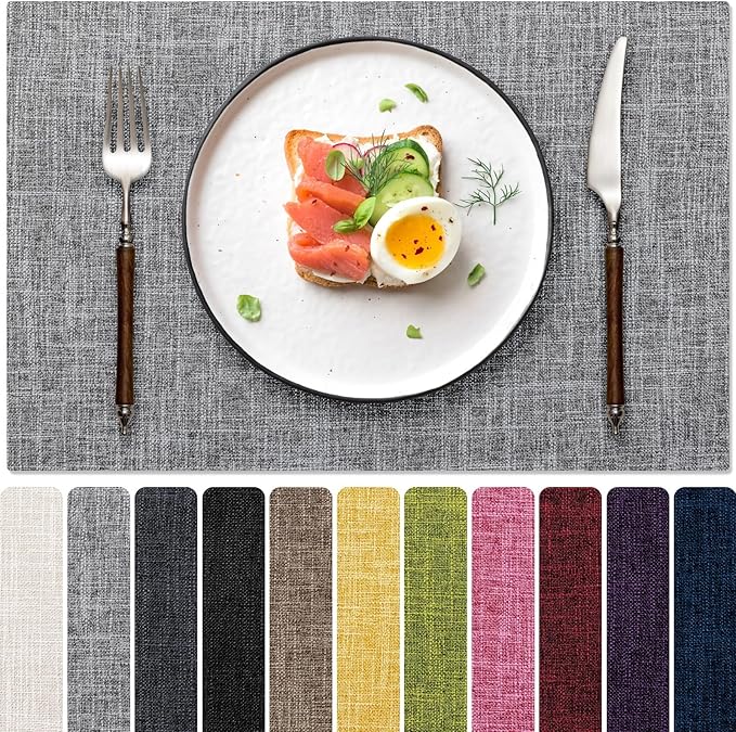 Blue Forest Placemats Set of 6, Dual-Layered Thickened Faux Linen Cloth Place Mats Heat Resistant Machine Washable Wrinkle Free Table Mats Indoor/Outdoor (Light Grey)