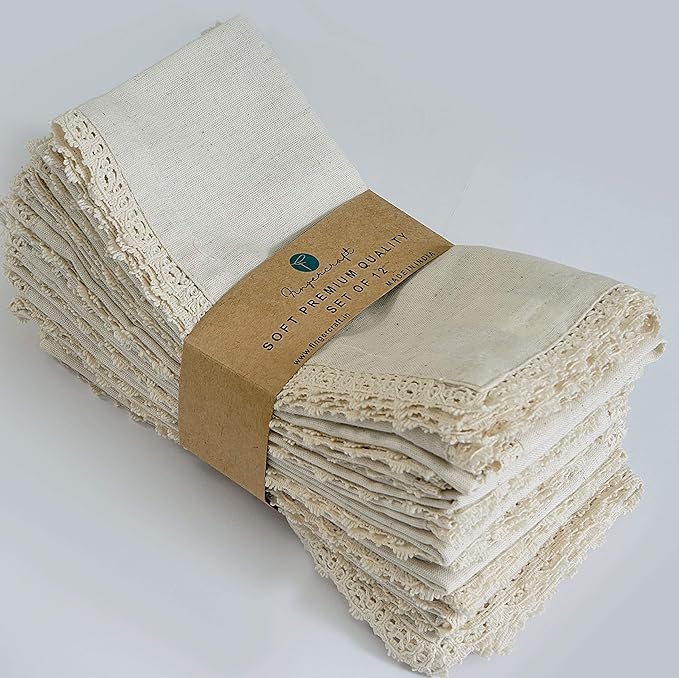 FINGERCRAFT Dinner Cloth Napkin Cotton Linen 12 Pack Vintage Rustic Premium Quality Mitered Corners Napkin Cloth with Elegant Lace for Everyday Use, Pre Shrunk and Good Absorbency 20x20 in Ivory
