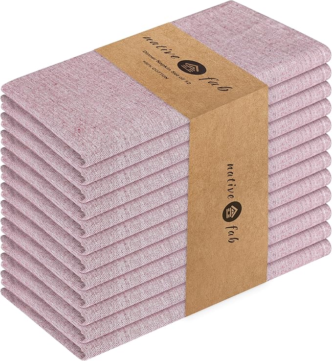 Native Fab Solid Cloth Napkin Set of 12, 100% Chambray Cotton, Washable, Reusable Dinner Cloth Napkin 17x17 inches, Table Decor Napkins for Dinner, Events, Burgundy