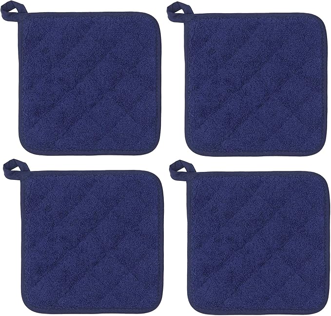Cotton Pot Holders Cotton Made Machine Washable Heat Resistant Everyday Kitchen Basic Terry Pot Holder, Hot Pads, Trivet for Cooking and Baking Set of 4 (Navy Blue)