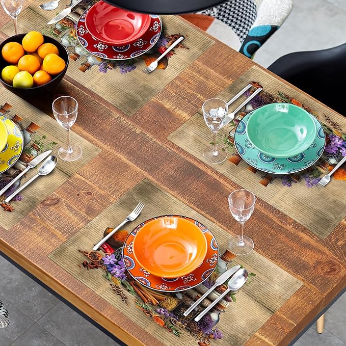 Retro Herbs Linen Placemat Set Brown Dining Table Mat 4pc for Home Indoor Outdoor Decor