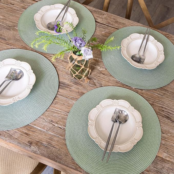 FunWheat Round Braided Placemats Set of 4 Table Mats for Dining Tables Woven Washable Non-Slip Place mats 15inch (Fog Green, 4pcs)