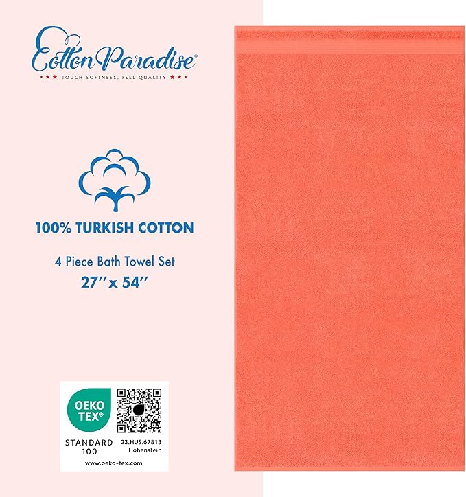 Cotton Paradise 4 Piece Turkish Bath Towels for Bathroom, 100% Cotton Extra Large Soft Plush Towels Bathroom Set, Coral