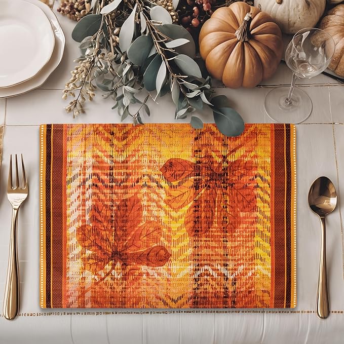 Maison d' Hermine Placemats Set of 4 100% Cotton Washable Cloth Place Mats, Reusable Table Mats for Thanksgiving Christmas Decorations Kitchen Dining Party Wedding (Thanksgiving Tartan, 13" x 19")