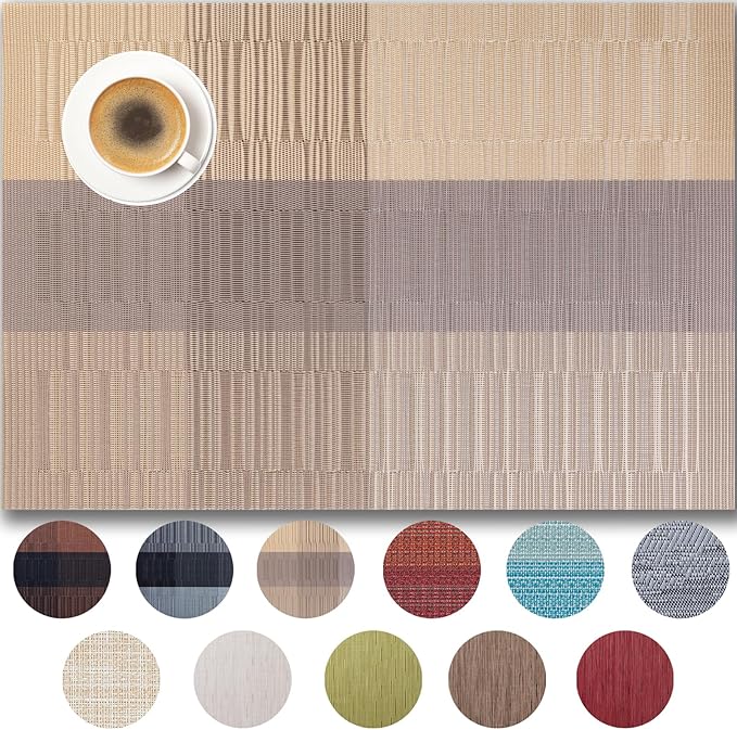 Placemats Set of 12 - Easy Clean Woven Vinyl Placemats for Dining Table, Indoor/Outdoor Place Mats, Washable PVC Table Mats （Gold Dune）