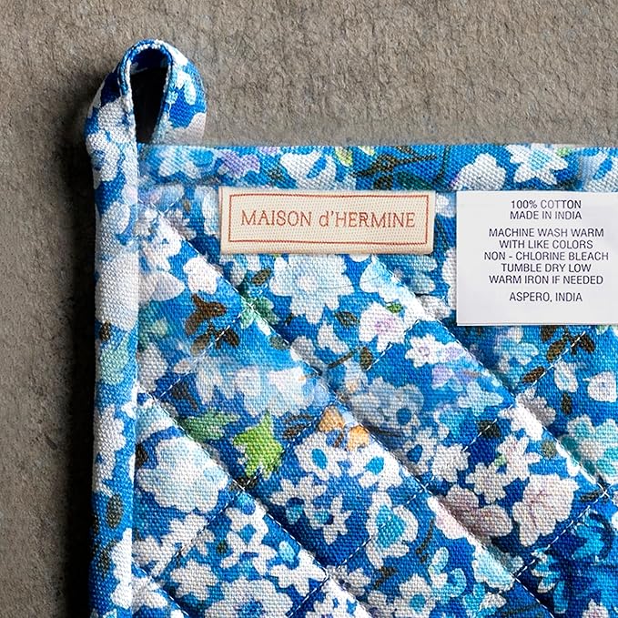 Maison d' Hermine 100% Cotton Oven Mitt & Pot Holder Set (7.5"x13" & 8"x8") Heat Resistant BBQ Cooking Gloves with Loop Baking Grilling Kitchen Gifts for Mothers Day Spring/Summer (Summer Blues)