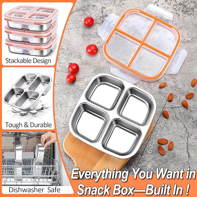KTKUDY Stainless Steel Snack Container - Divided Bento Snack Box - 4 Compartment Meal Prep Lunch Container for Kids Daycare, School, Work, Travel